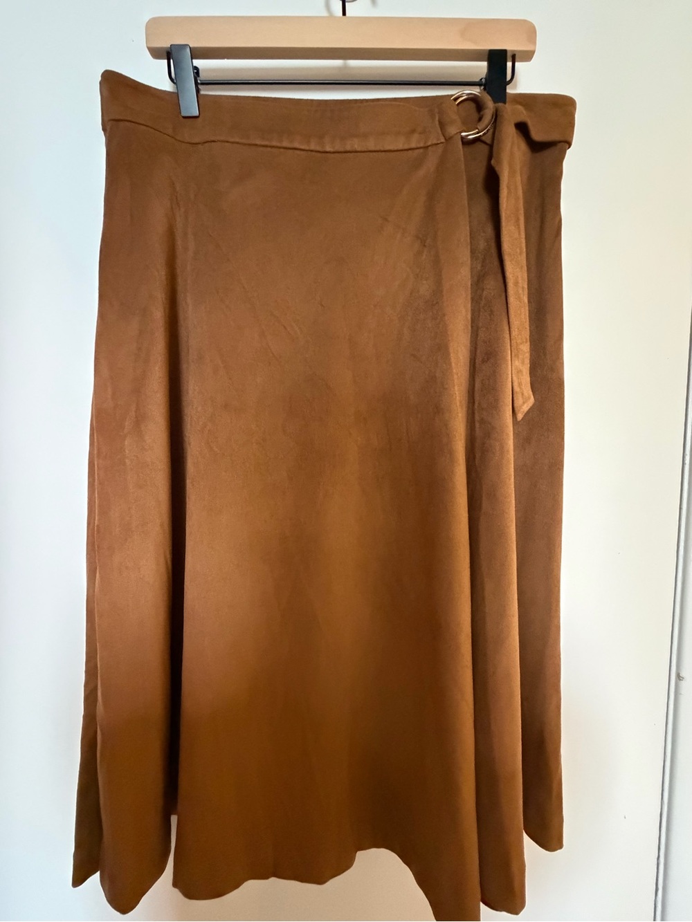 MICHAEL Michael Kors Suede-Look Midi Wrap Skirt in Warm Brown with Ring Tie